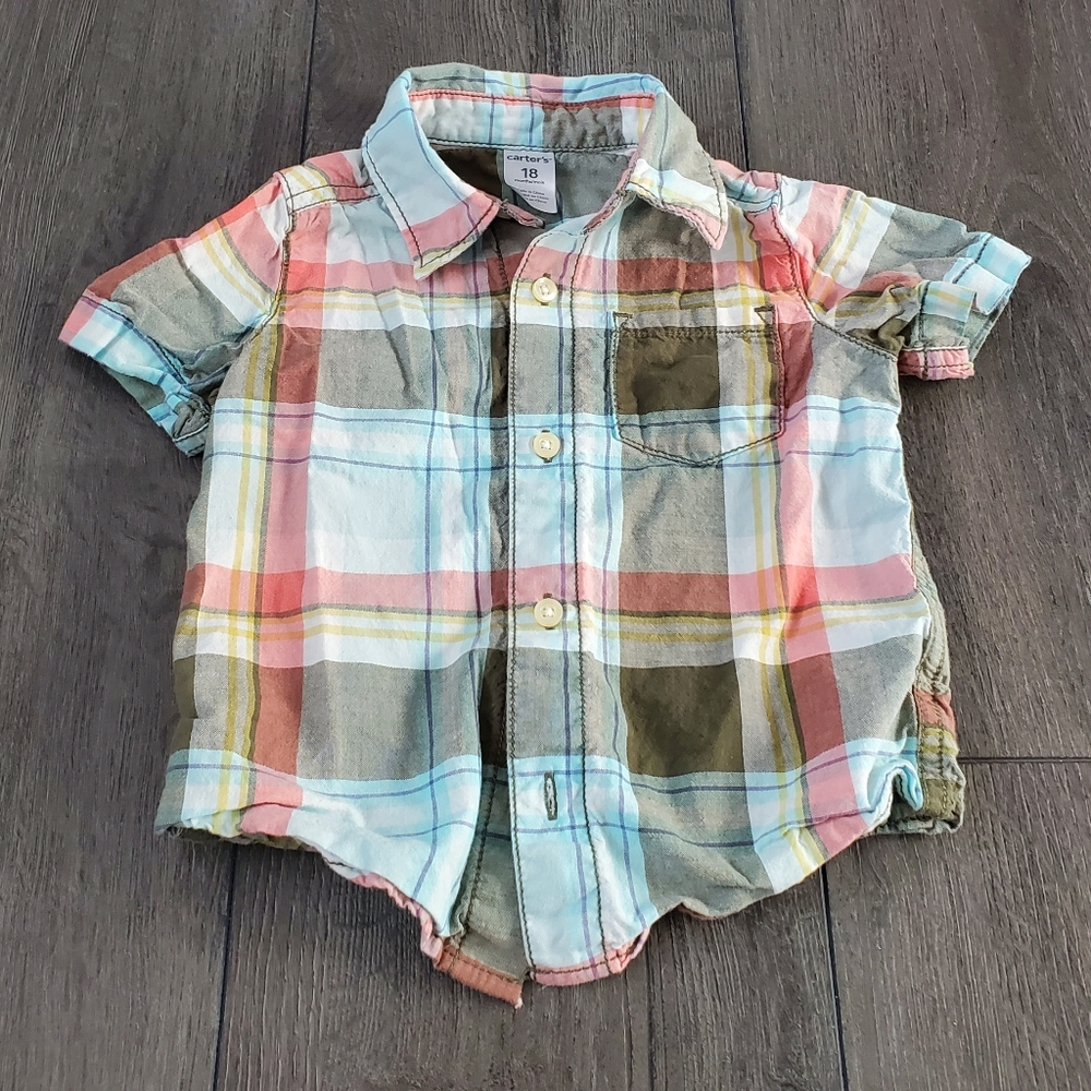 18M Turquoise-Brown Plaid Button Down
